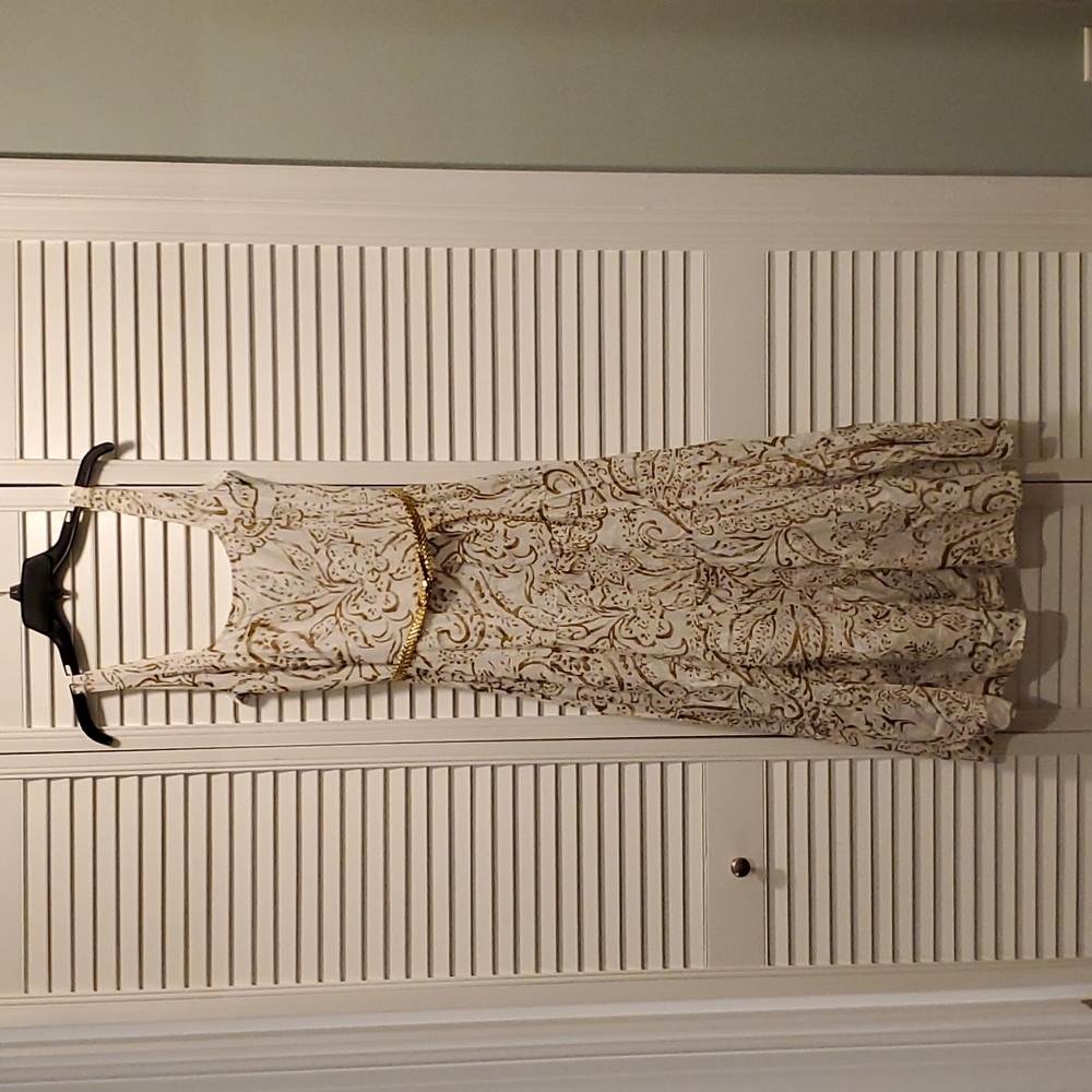 Ralph Lauren White Linen/Gold Flowers Dress - Size 8